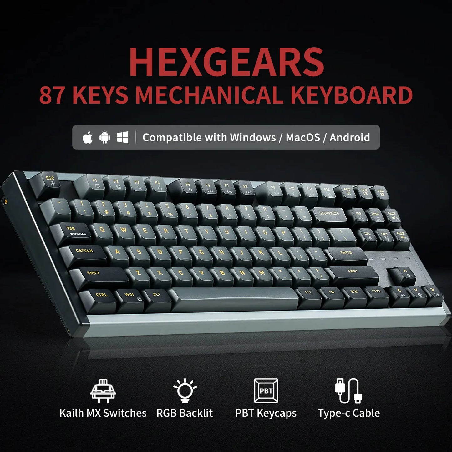 HEXGEARS I3 Mechanical Keyboard Kailh MX Switch 87 Key RGB Hotswap Type-C Wired Keyboard Ergonomics PBT Keycaps for PC,Mac